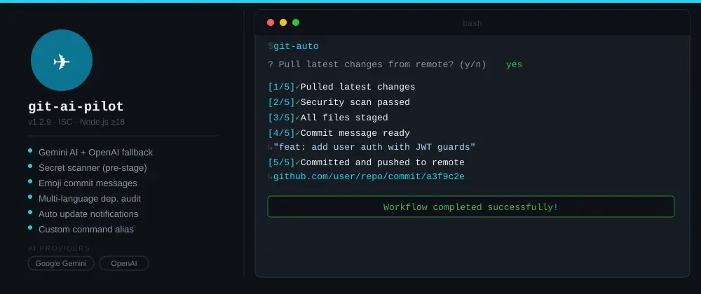 git-ai-pilot - Automate Your Entire Git Workflow With AI Commit Messages & Built-in Security Scanning